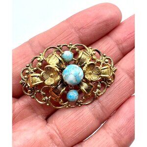 Vintage Czech Faux Turquoise Art Glass Cabochon Brass Filigree Flower Pin Brooch